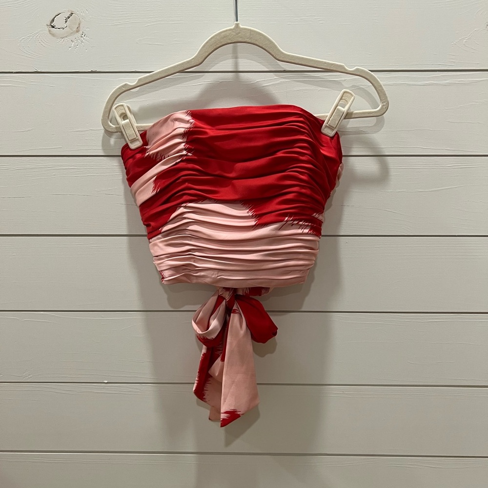 NWT Strapless Size 4 Satin Strapless Ruched Corset Top with Tie in Red & Pink